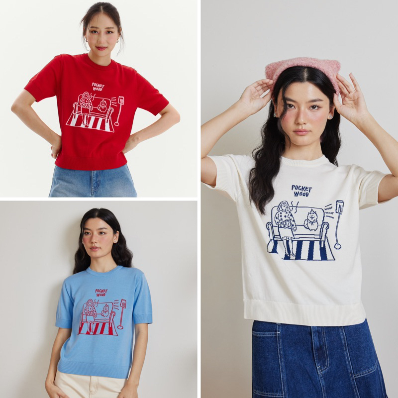 POCKETWOOD - Eve knitted top [พร้อมส่ง] เสื้อไหมพรมคอกลมแขนสั้น ทอลายการ์ตูน เนื้อเบา สบาย