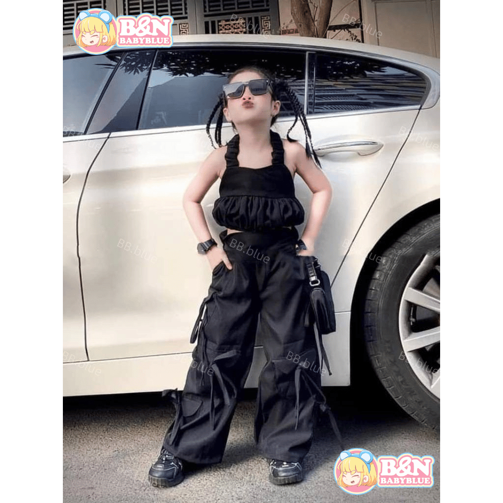 BN babyblue ชุดเซ็ตแฟชั่นเด็กหญิง รหัส DH90 แฟชั่นเสื้อคล้องคอ+กางเกงคาโก้สุดน่ารัก