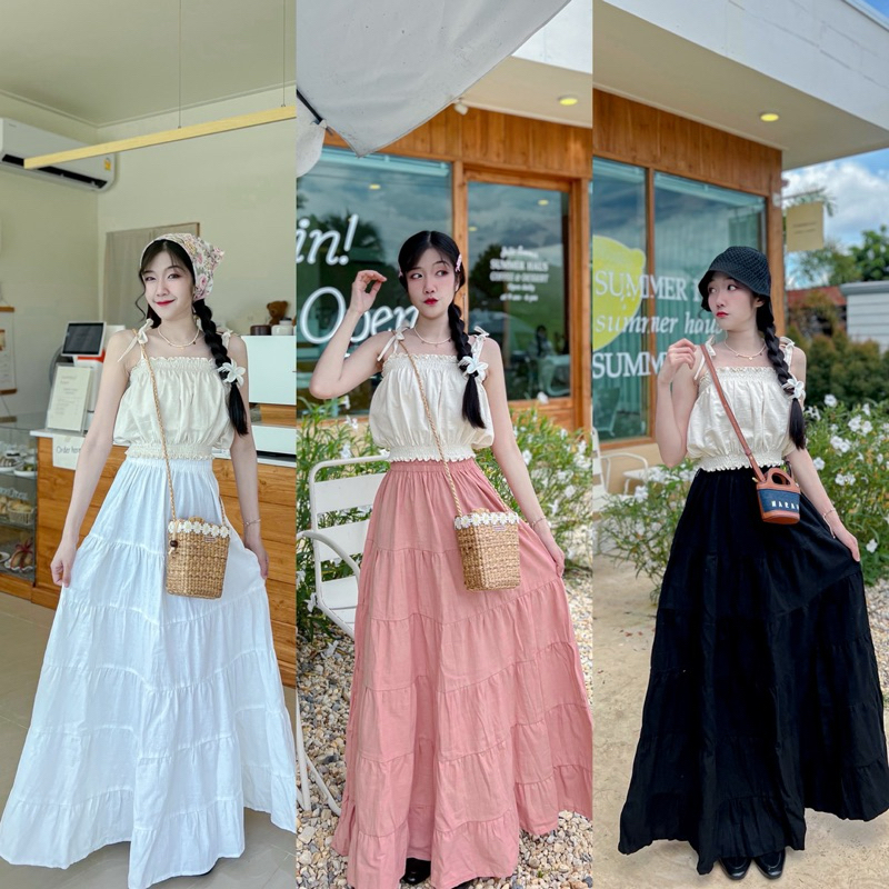 ชุดเซทสายเดี่ยวกระโปรงยาว เสื้อ+กระโปรง