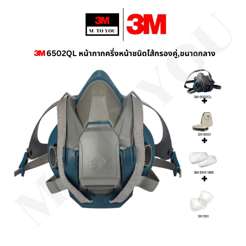 3M 6502 QL , หน้ากากครึ่งหน้าชนิดไส้กรองคู่, ขนาดกลาง