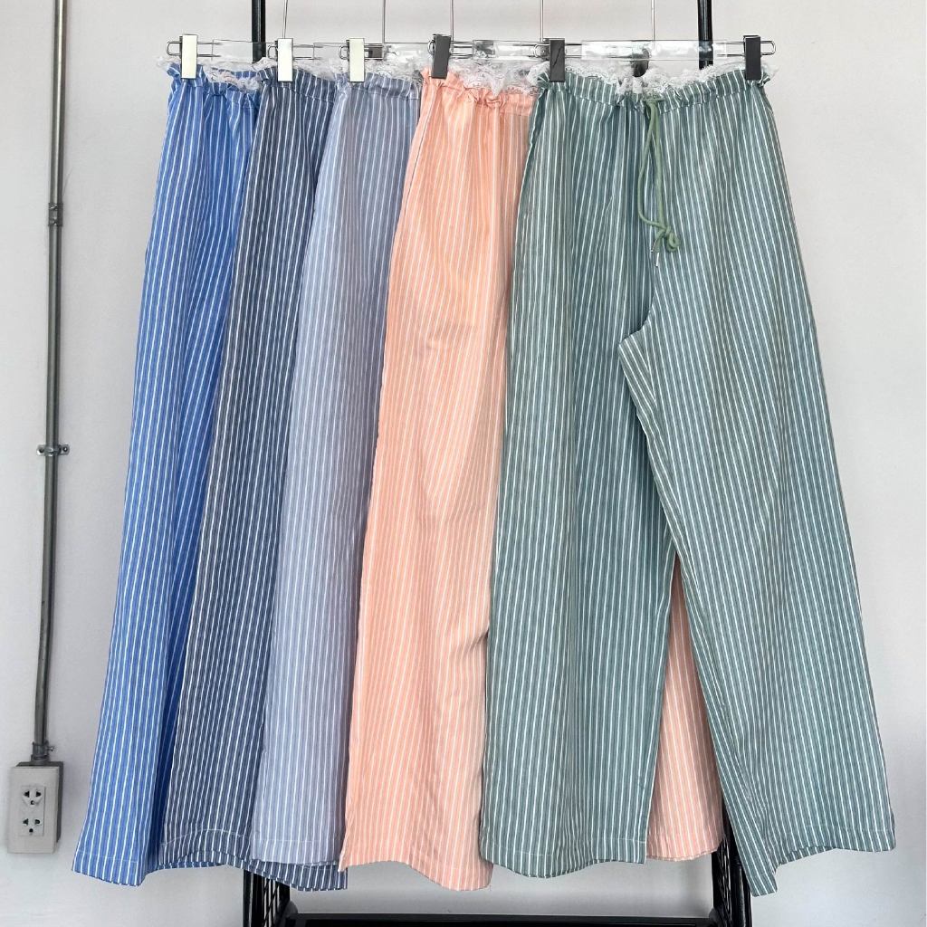 Atipashop - MATEY STRIPE PANTS กางเกงขายาว ลายริ้ว ขอบเอวลูกไม้ ทรงสวย มีหลายสี