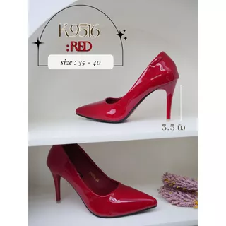 K9516 รองเท้าคัทชูส้นสูง หนังเคลือบเจล ส้นแหลมสูง 3.5 นิ้ว