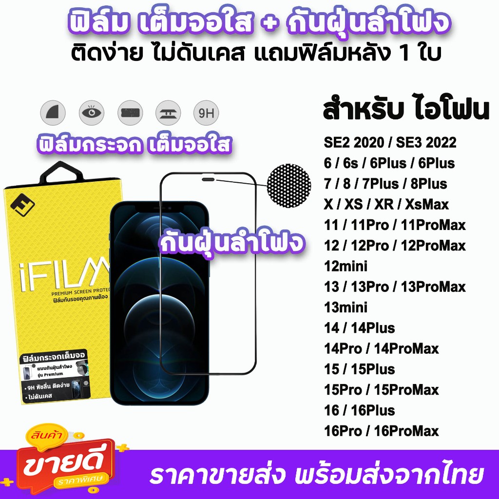 iFilm ฟิล์มเต็มจอใส กันฝุ่นลำโพง For iphone 16 pro max 16plus 15promax 15 plus 14 promax 14plus 13 iphone11 ฟิล์มไอโฟน