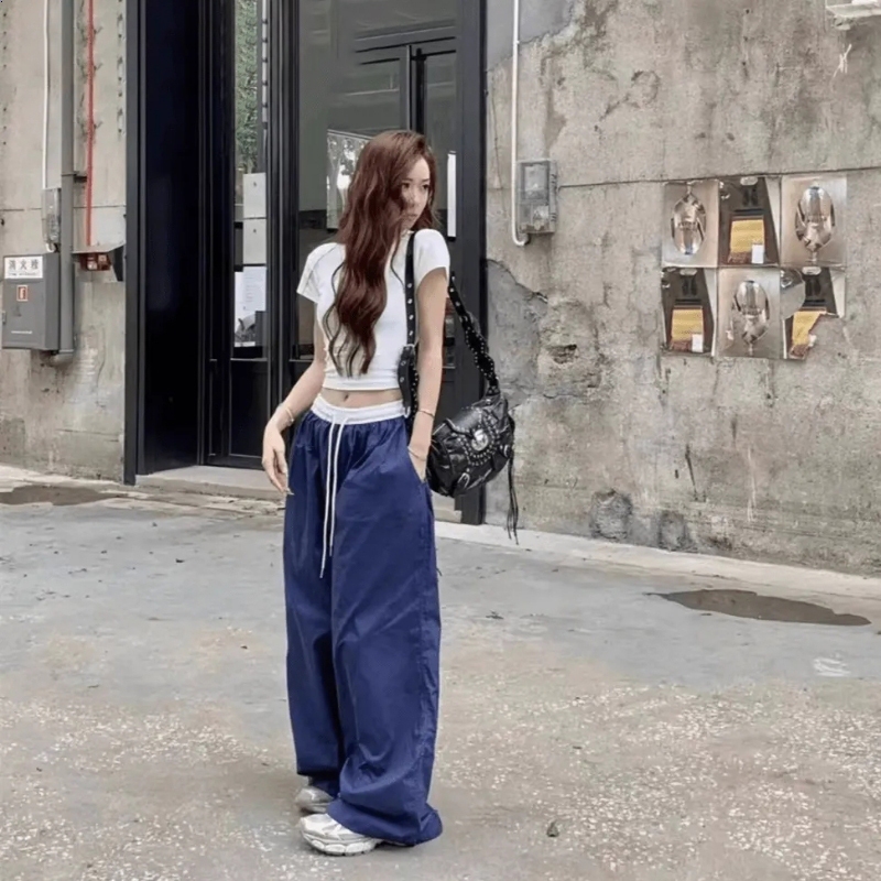 ใหม่สีสันสะกดเอวยางยืดหลวมขากว้างกางเกงลำลองผู้หญิงฤดูร้อนเนื้อสัมผัสตรงท่อกางเกง Mop ร้อยแนวโน้ม