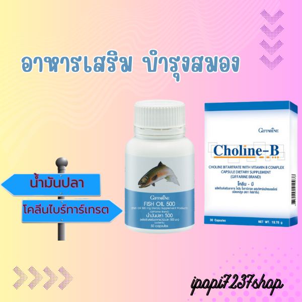 ชุดอาหารเสริม บำรุงสมอง เพิ่มความจำ ด้วย น้ำมันปลา โคลีนบี วิตามินบี ( Fisn Oil 500 mg / Choline-B )