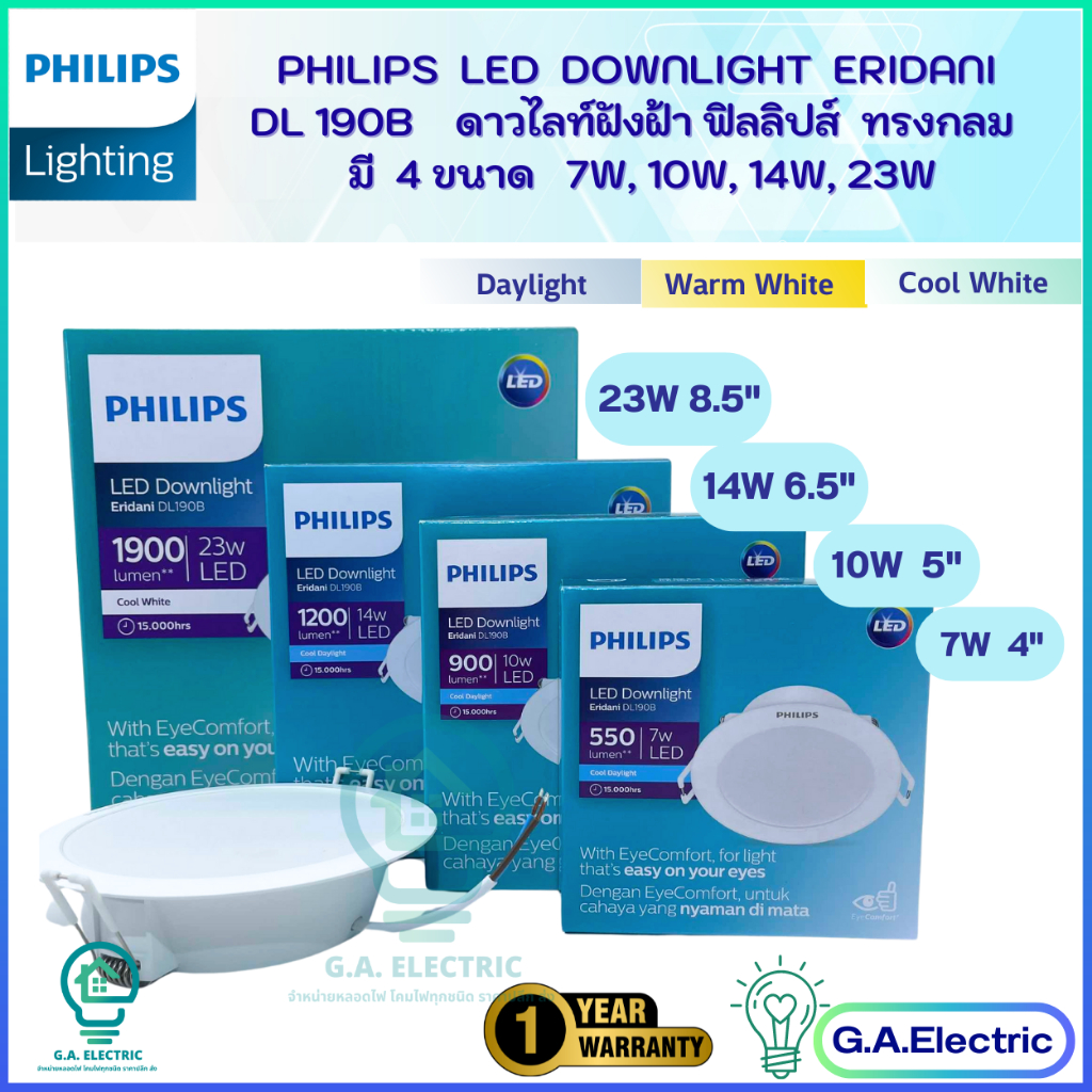 Philips โคมไฟดาวน์ไลท์ ฟิลลิปส์ Panel LED รุ่น Eridani หน้ากลม 3.5w 7w 10w 14w 23w ประกัน 1 ปี