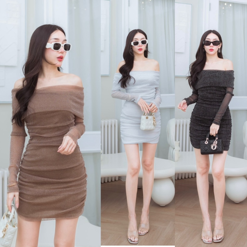 J1108 JiraClothing มินิแขนยาวปาดไหล่ ผ้ากริตเตอร์วิ้งๆ