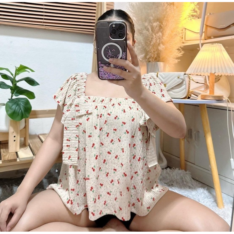 019 เสื้อสาวอวบผูกโบว์หน้า ลายเชอรี่ อก 34-50
