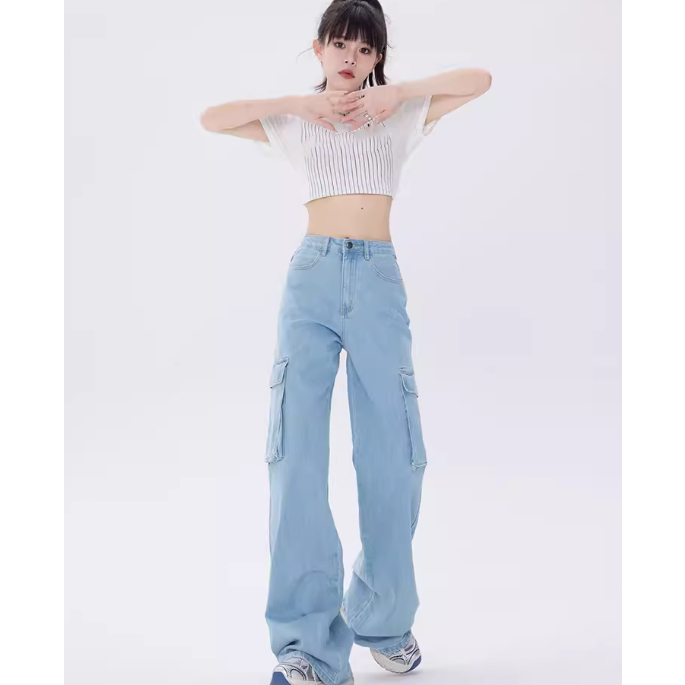 Vincy-กางเกงคาร์โก้ผู้หญิง กางเกงยีนเอวสูง XS~2XL ขายาว เอวสูงทรงสตรีท กระเป๋าตรง 2ใบ - รูปที่ 5