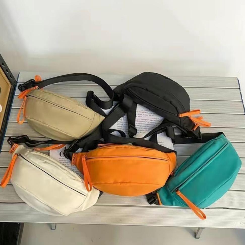 Mumu 7048 กระเป๋าหน้าอกไนลอนกลางเกาหลี กระเป๋าคาดเอวเรียบง่ายสําหรับผู้หญิง
