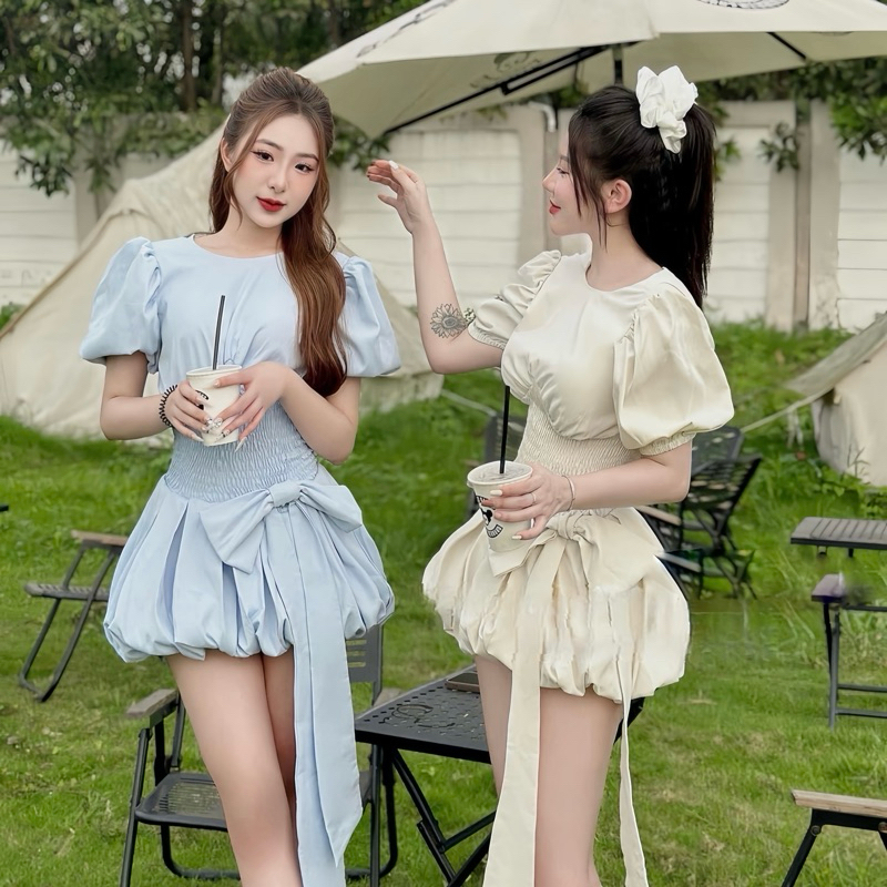 เดรสผ้าครัชสไตล์สาวเวียดนาม ทรงบอลลูน สม็อคเอว แต่งโบว์หน้า A5024 (พร้อมส่ง)