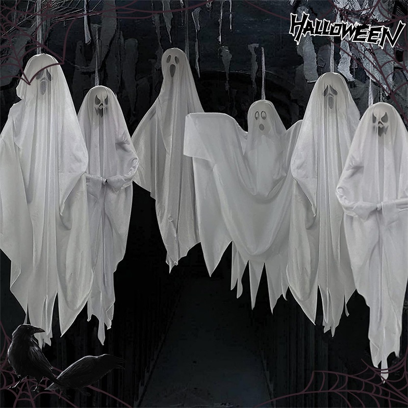 Halloween ตกแต่งอุปกรณ์กลางแจ้ง ขายปลีก/จี้ผีฮาโลวีนสีขาว, ปาร์ตี้ฉากห้องหลบหนีบ้านผีสิง, อุปกรณ์ประกอบฉากบรรยากาศสยอง