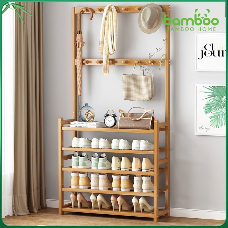 🎋 ชั้นรองเท้า+ราวผ้า ทำโดยไม้ไผ่ธรรมชา สามารถรับน้ำหนักได้มาก ชั้นวางหนึ่งชั้นสามารถใช้งานได้หลากหลาย