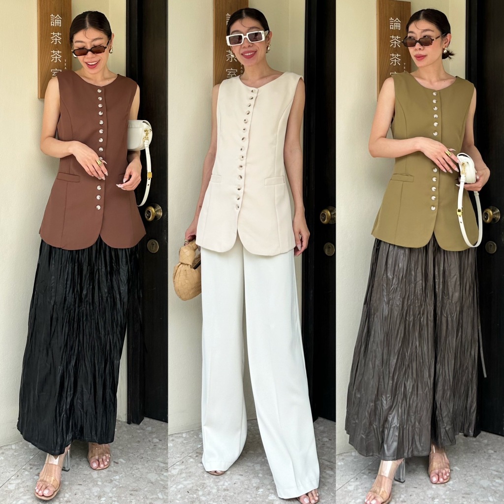X2 #1017 เสื้อเวสสูทกระดุม แถวยาว มีเข็มขัดปรับไซส์ด้านหลัง ความยาวเสื้อปิดสะโพก กระดุมหน้าลายกระ กระเป๋าแต่งข้างตัว