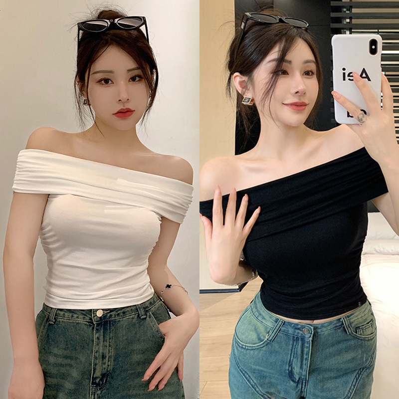 จัดส่งจากกรุงเทพ สีขาวรัดรูปแบบสั้นเสื้อเปิดหลัง เสื้อครอป เสื้อปาดไหล่ข้างเดียว เซ็กซี่ ทรงเข้ารูปทรงสวย สะดือเซ็กซี่สา
