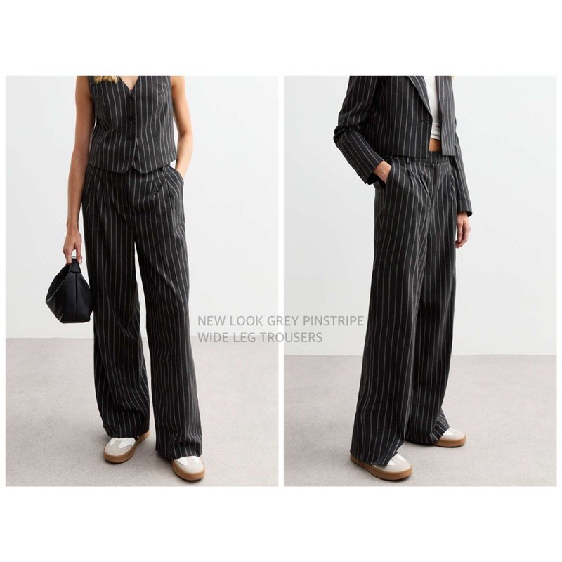 NEW LOOK กางเกงขายาวลายทาง ทรงขากว้าง GREY PINSTRIPE WIDE LEG TROUSERS