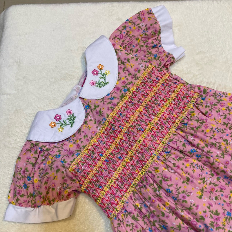 เดรสวินเทจ ลูกสาว สม็อคแน่น แขนตุ๊กตา สีเทาชมพู 1-3ขวบ ใส่ได้