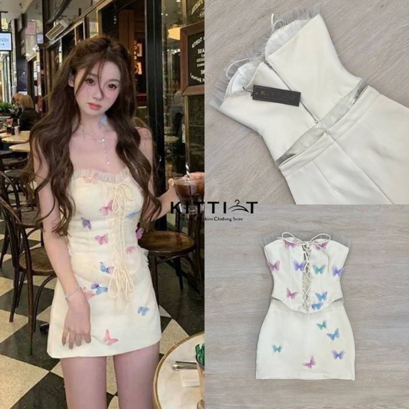 KITTI-T (s)(e)(t) (2) ชิ้น เสื้อเกาะอก +กระโปรง ตัวเสื้อเป็นเกาะอก ตกแต่งด้วยด้วยการปักผ้าทำเป็นตัวผีเสื้อ
