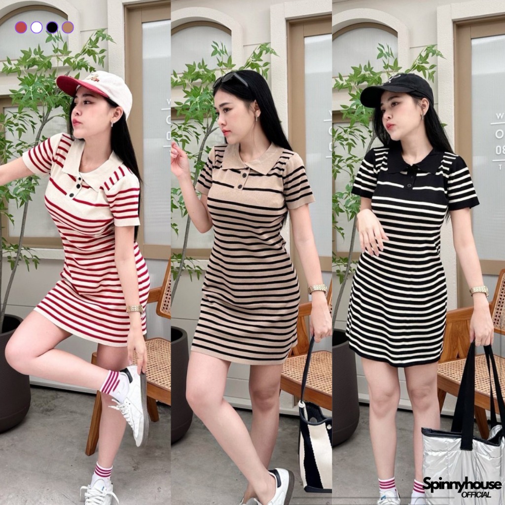 🌈SpinnyHouse🌈มินิเดรสคอโปโลแขนสั้น แต่งกระดุม ผ้าไหมพรม 😻 ผ้ายืดตามตัว ใส่ออกงานได้ พร้อมส่งทุกสี รุ่น รอสาย