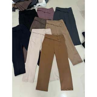 กางเกง8ส่วนเอวป้ายแต่งกระดุมผ้าโรเชฟซิปข้าง