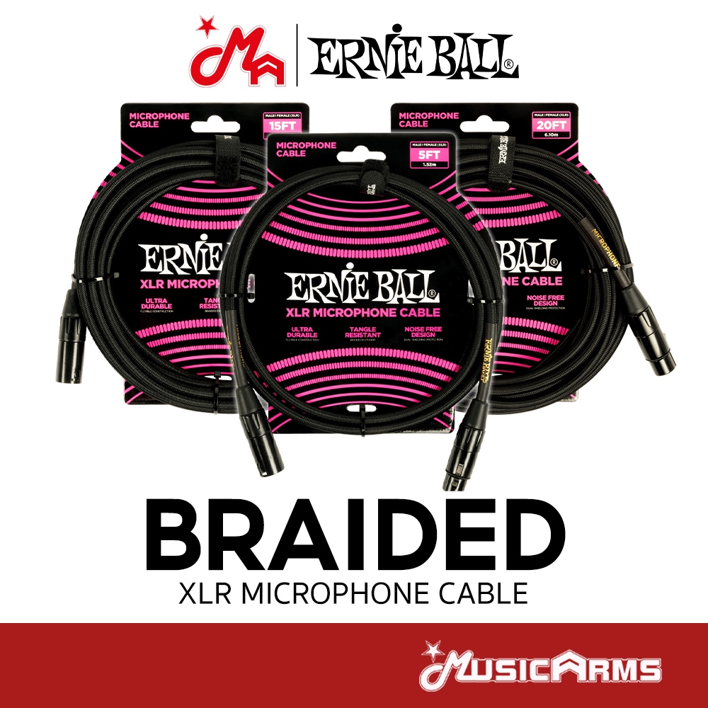 Ernie Ball Braided สายแจ๊คไมโครโฟน ความยาว 5 / 15 / 20 Ft. XLR Microphone Cable Male / Female