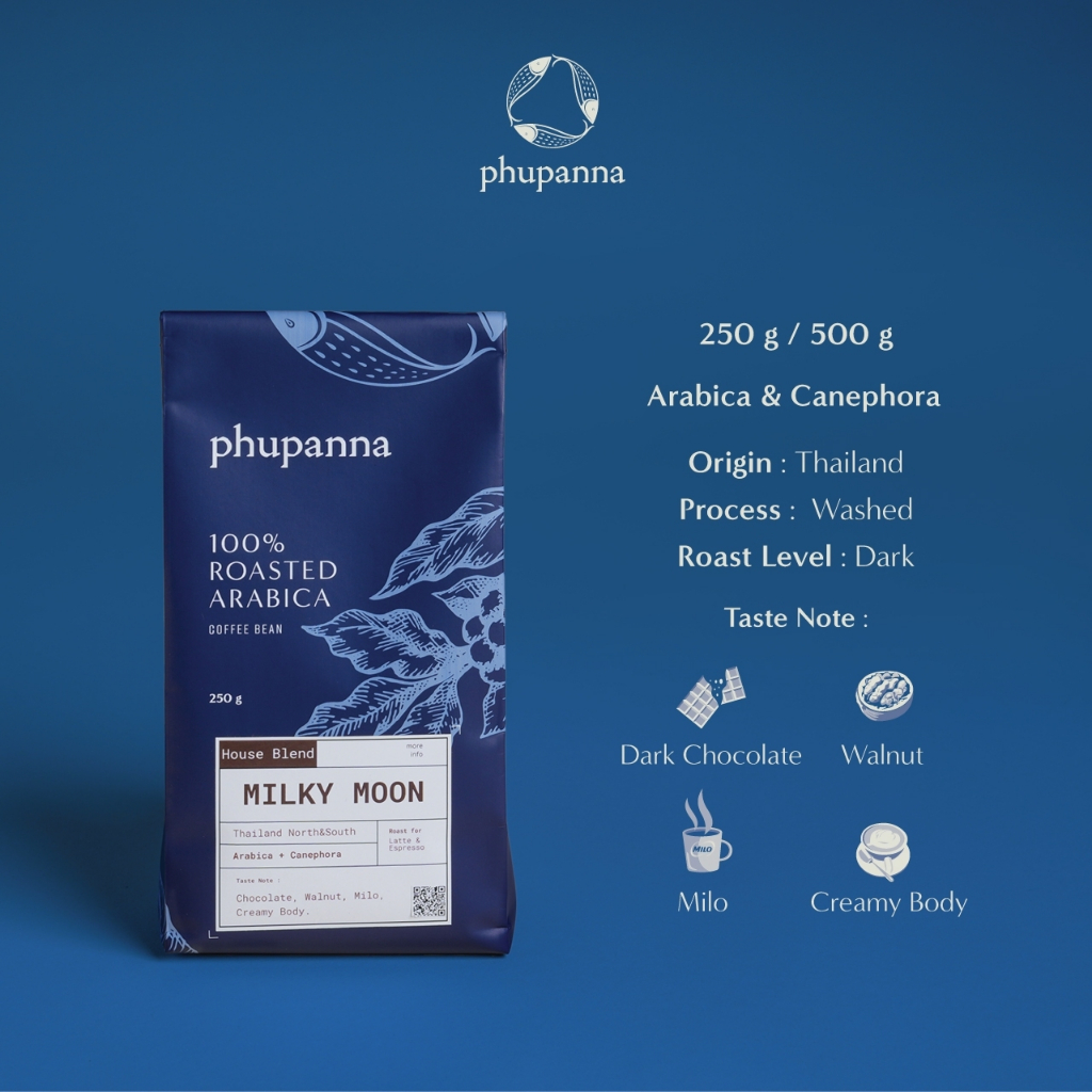 เมล็ดกาแฟคั่วเข้ม 𝐇𝐨𝐮𝐬𝐞 𝐁𝐥𝐞𝐧𝐝 สูตร Milky Moon ขนาด 500 G./Fine Arabica +Fine Canephora (60:40%)