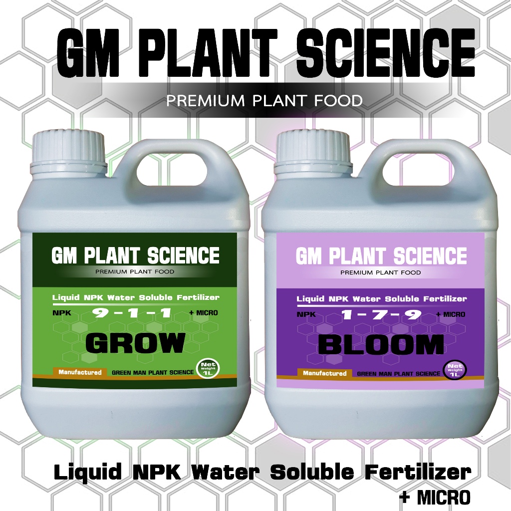 ปุ๋ยเร่งดอก ทำใบ GM PLANT SCIENCE สูตรทำใบ9-1-1และสูตรทำดอก1-7-9บวกธาตุอาหารรองและเสริมขนาด 1 ลิตร