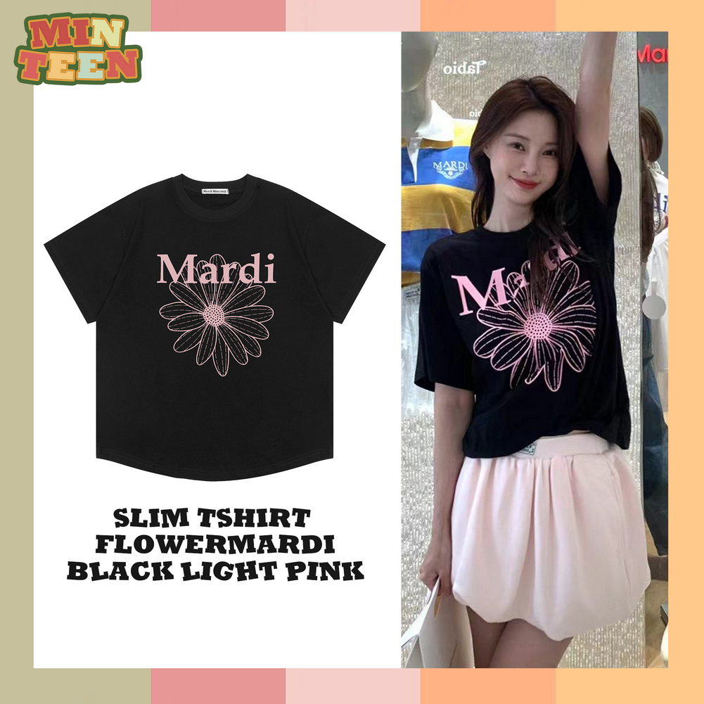 [จัดส่งภายใน 24 ชั่วโมง] Mardi Mercredi SLIM TSHIRT FLOWERMARDI Black Pink นำเข้าจากเกาหลี ของแท้