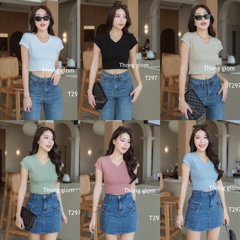 New🍒เสื้อครอปคอวีผ้ายูนิโคล่เนื้อหนานุ่มใส่สบาย