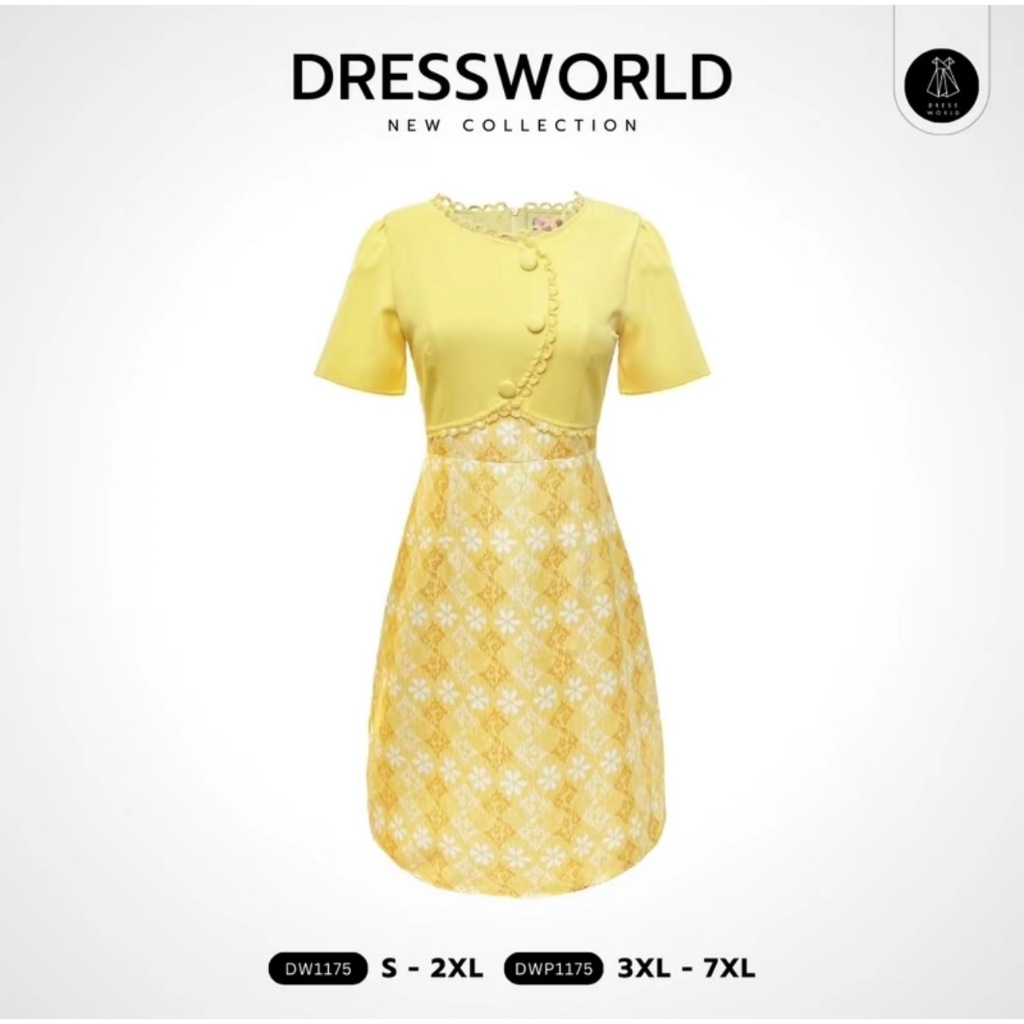 {S-7XL} 1175 งานป้าย Dress World เดรสสั้น ลายไทย ท่อนบนสีพื้น ลายสวย ลายขอ ต้องมีไว้น๊าา