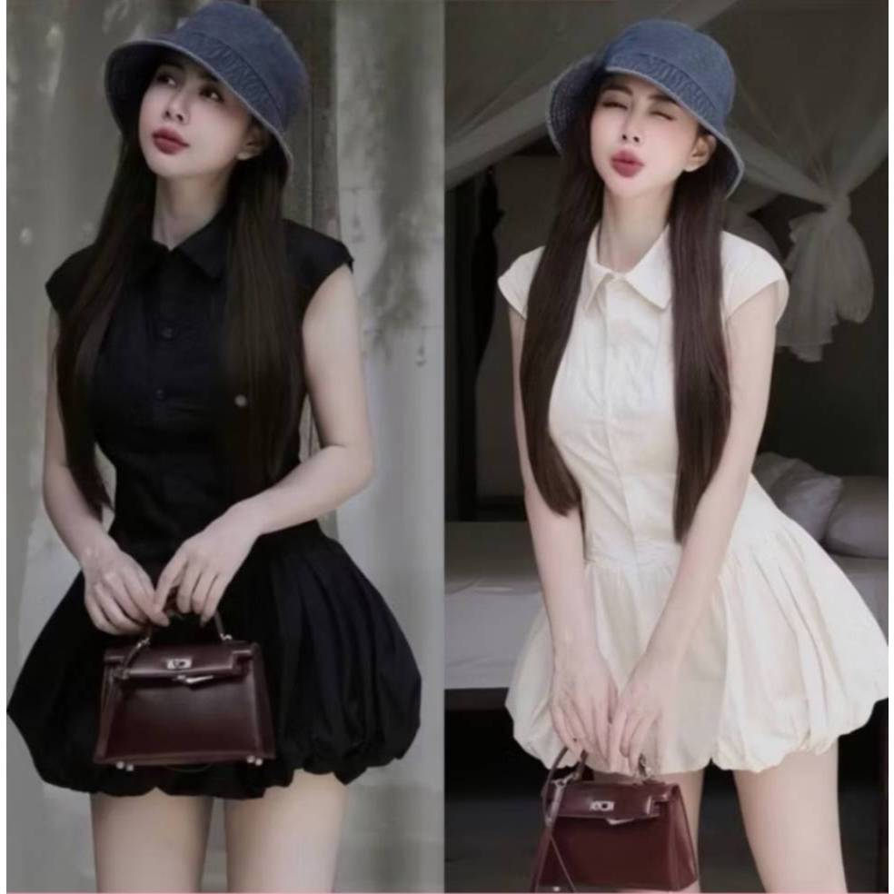 เดรสทรงบอลลูนสไตล์ลูกคุณ ผ้าครัชคอปกกระดุมหน้าพร้อมสายผูกเอว A4991