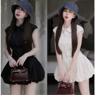 เดรสทรงบอลลูนสไตล์ลูกคุณ ผ้าครัชคอปกกระดุมหน้าพร้อมสายผูกเอว…