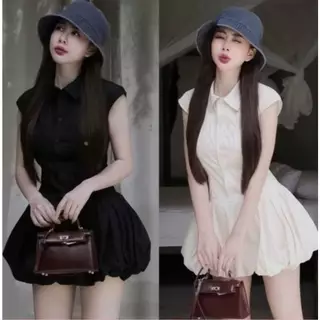 เดรสทรงบอลลูนสไตล์ลูกคุณ ผ้าครัชคอปกกระดุมหน้าพร้อมสายผูกเอว A4991