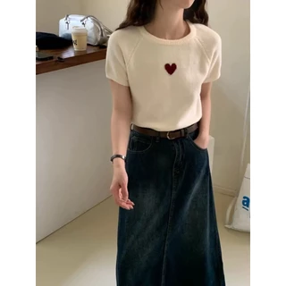 ส่งทันที Cici (A2310) เสื้อครอปคอกลมแขนสั้นไหมพรม detail ปักหัวใจ สไตล์ญี่ปุ่น วาเลนไทน์