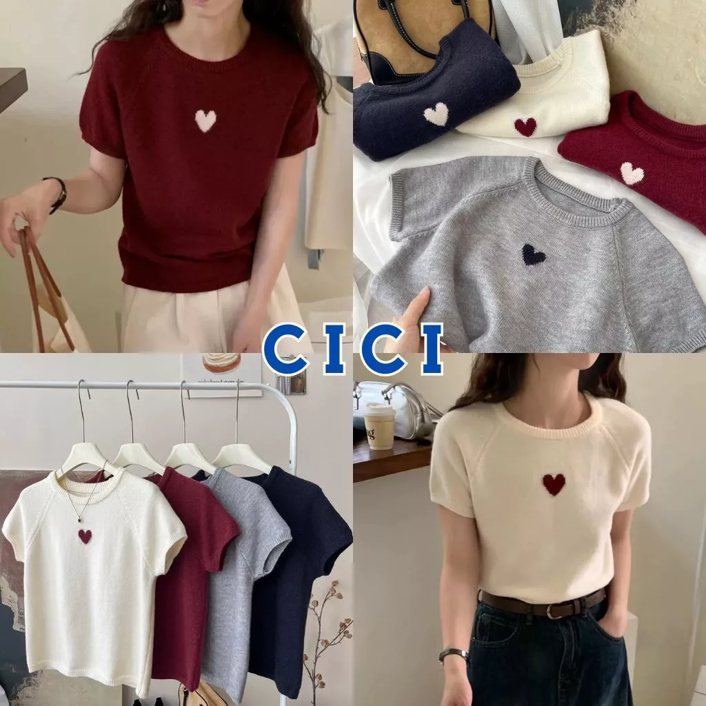 ส่งทันที Cici (A2310) เสื้อครอปคอกลมแขนสั้นไหมพรม detail ปักหัวใจ สไตล์ญี่ปุ่น วาเลนไทน์