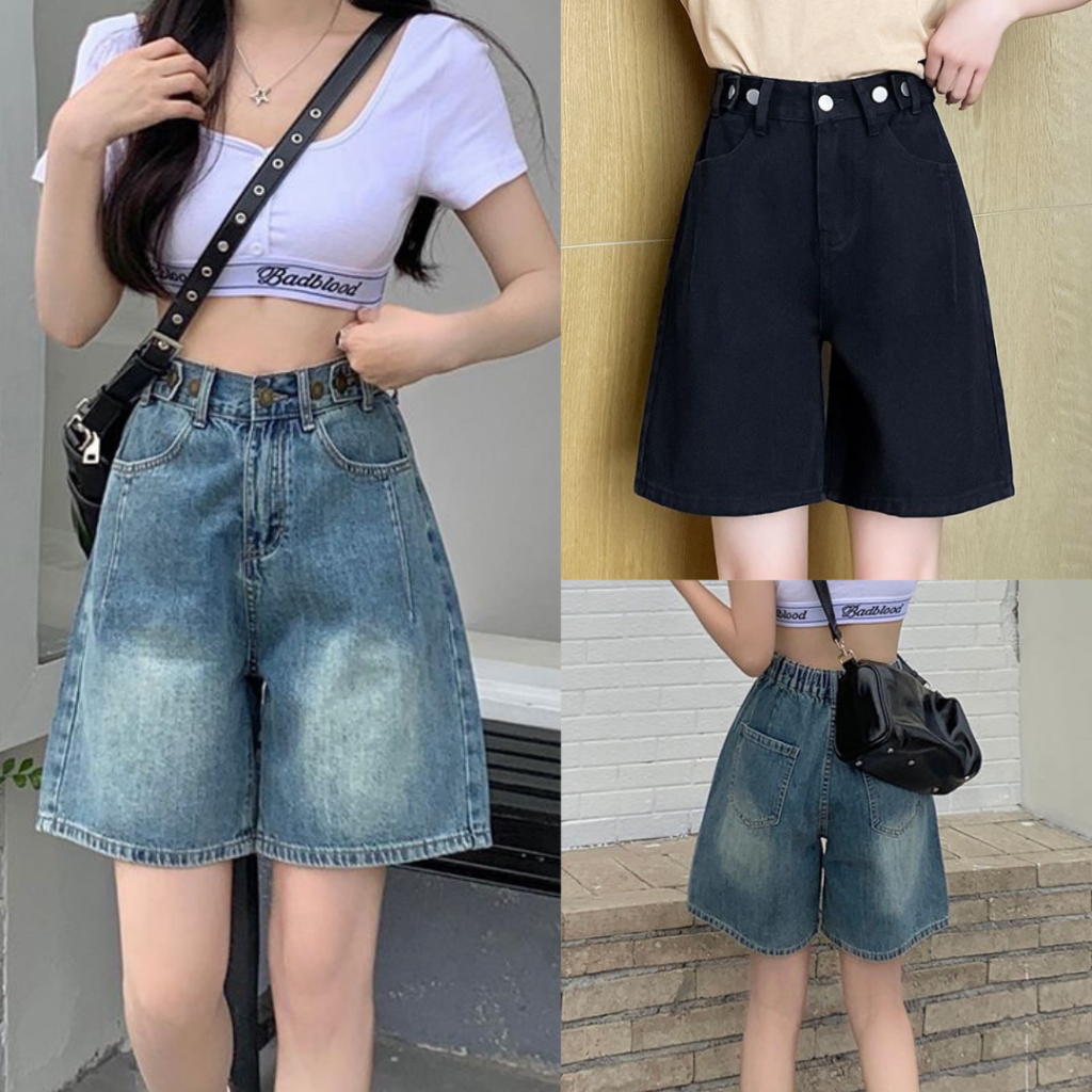 กางเกงยีนส์ขากระบอก สามส่วน SIZE S-14XL เอวสม็อคปรับกระดุม