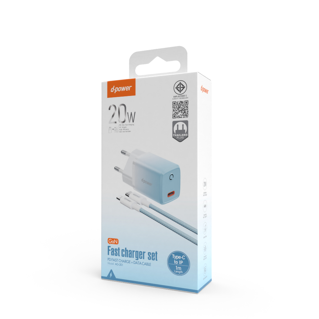 d-power ชุดชาร์จเร็ว 20W รุ่น AG-201 สาย Type-C to IP 1M รองรับ i6~14Pro max PD20W