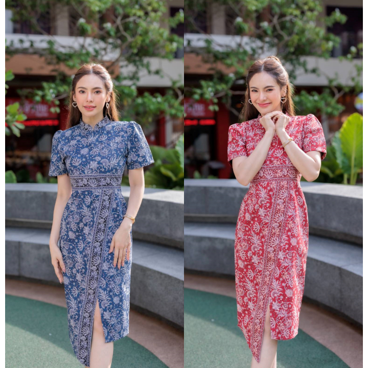 Kety Smile ชุดเดรสผ้าคอตต้อน พิมลายปาเต๊ะ คอจีน ผ่าหน้าชายกระโปรงเฉลียง งานอัดกาวทั้งชุด ซิปซ่อนด้าน