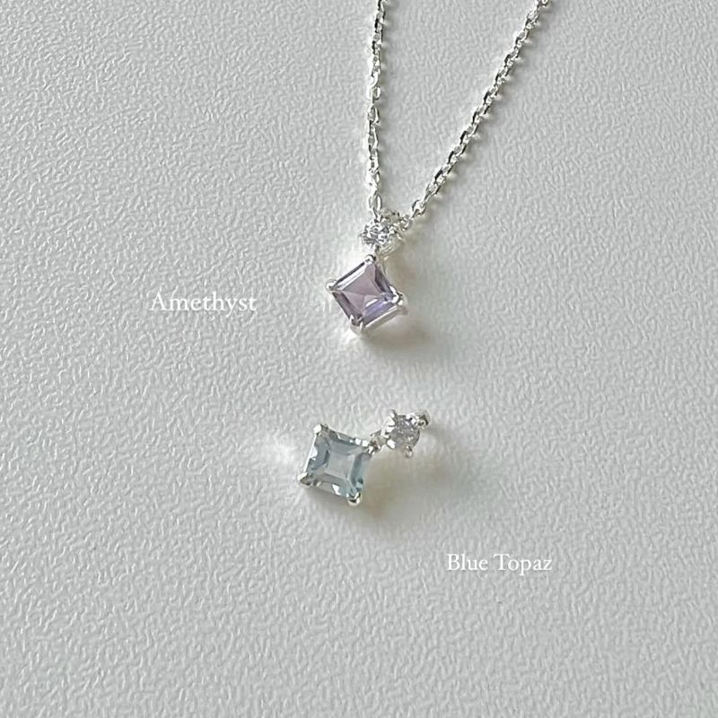 winterwinter silver925 : จี้พลอยแท้ ทรงสี่เหลี่ยม ประดับเพชร cz ตัวเรือนเงินแท้925