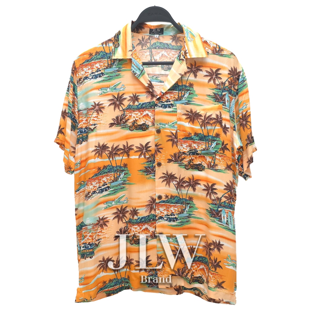 เสื้อฮาวาย ลายชายหาด ส้ม ผ้านิ่ม M L XL Oversize คอฮาวาย JLW BRAND
