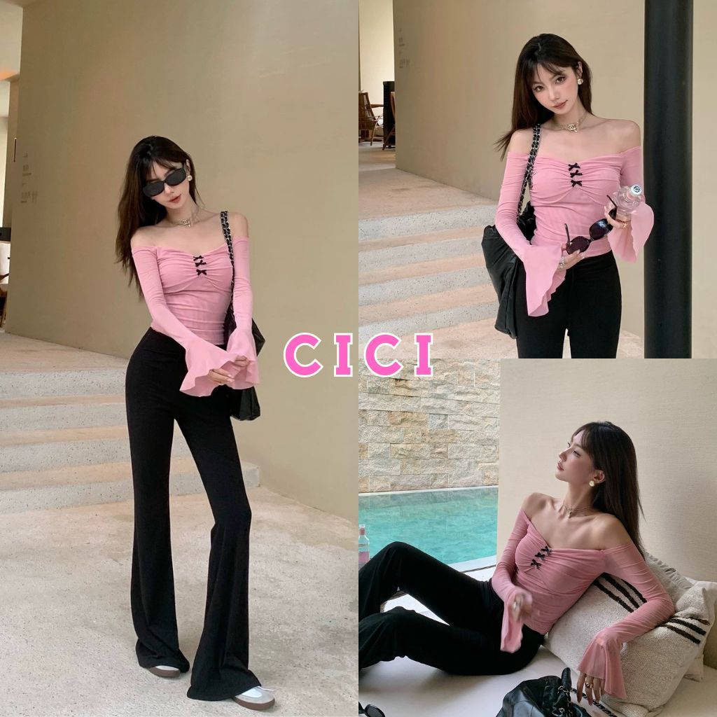 ส่งทันที Cici(NO. 1359) เสื้อครอปแขนยาวซีทรู แขนระบาย แต่งโบว์ด้านหน้า สไตล์สาวเปรี้ยว