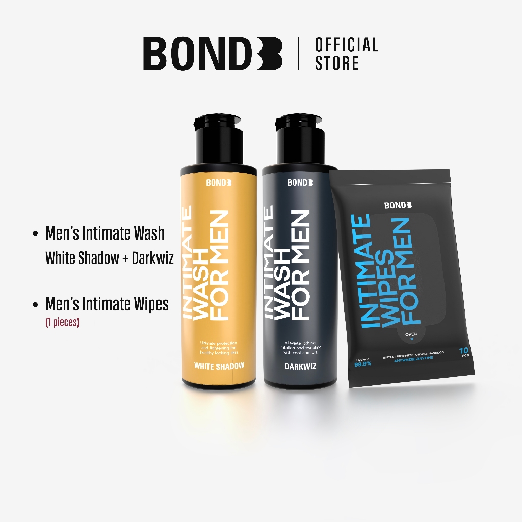Bond Men's Intimate Wash White Shadow 130 ml. (สูตรบำรุง) + Dark Wiz 130 ml. (สูตรเย็น) + Bond Men's Wipes 1 ห่อ