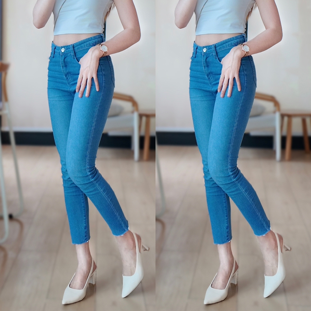 🚚 จัดส่งเร็ว 🚚 กางเกงยีนส์ผู้หญิง ทรงสวยเอวสูง ปลายขารุ่ย สีฟ้าอ่อน กางเกงผู้หญิง S-3XL ผ้านิ่ม ผ้ายืด ใส่สบายมาก🌈⚡