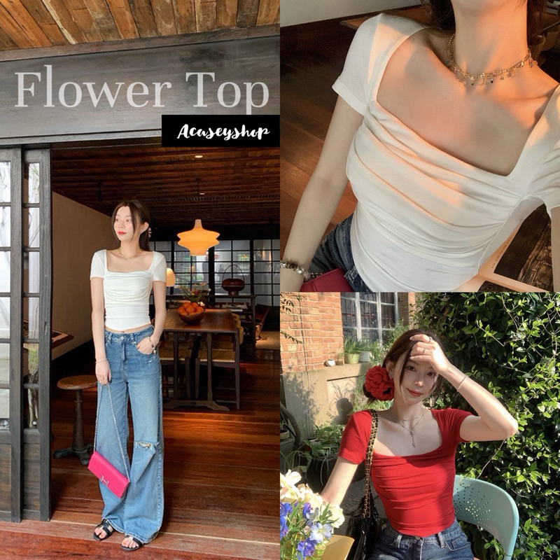 Acasey เสื้อยืดผู้หญิง คอเหลี่ยมแขนสั้น มีบลาฟองน้ำในตัว อก30-38“