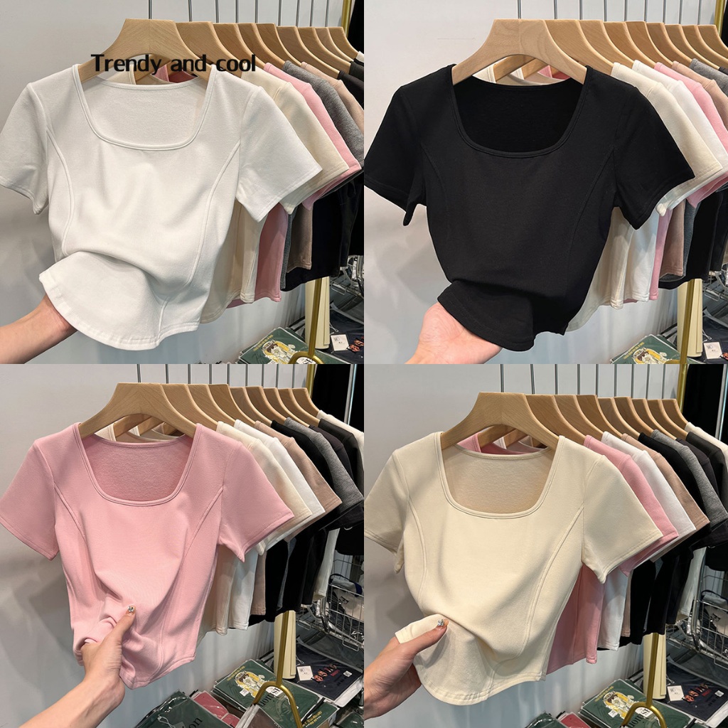 🚚พร้อมส่งจากกทม✨ เสื้อยืดผู้หญิง เสื้อยืดแขนสั้น เข้ารูป สีพื้น คอยู สไตล์ลำลอง #F030 (หลากสี)
