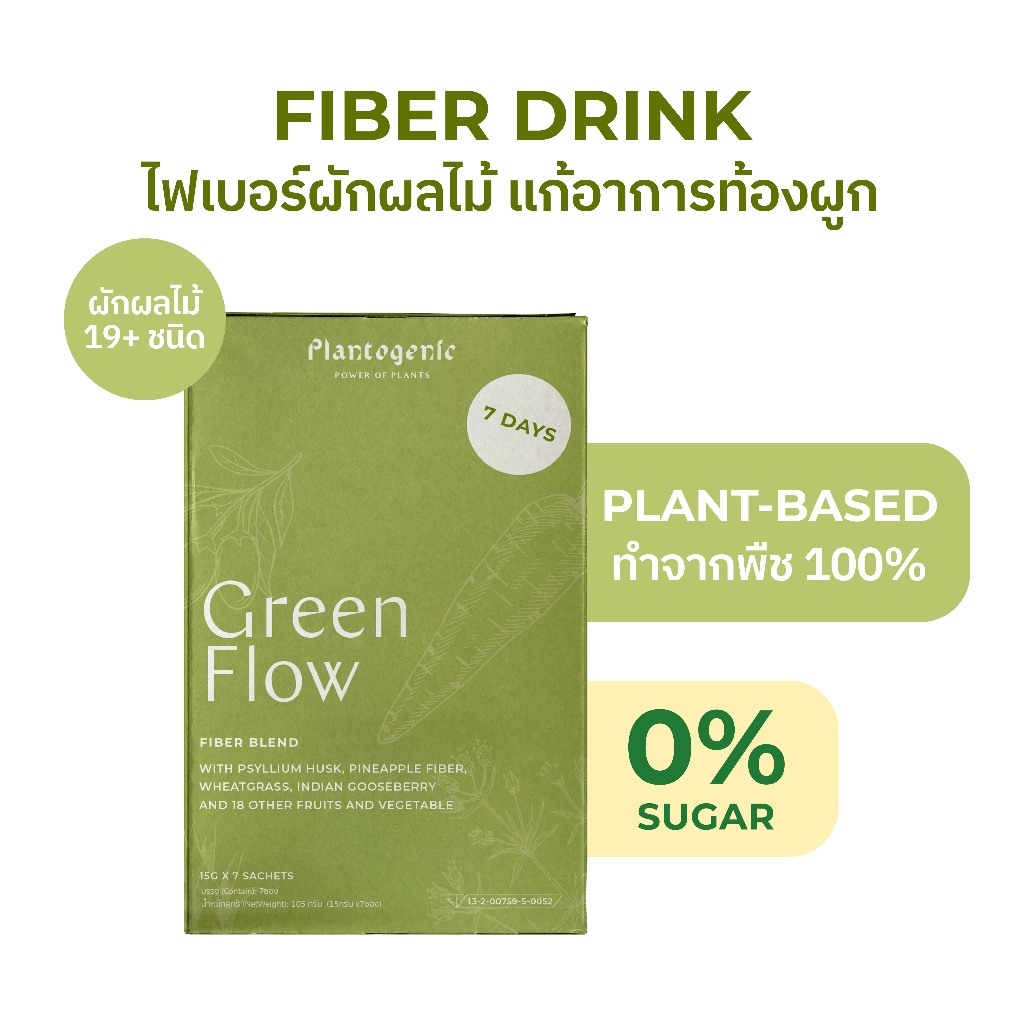 Plantogenic - Green Flow Plant Fiber ผงผักพร้อมชง แก้ท้องผูก ดีท็อกซ์สารพิษในลำไส้ ไม่มีน้ำตาล (Plant-based)