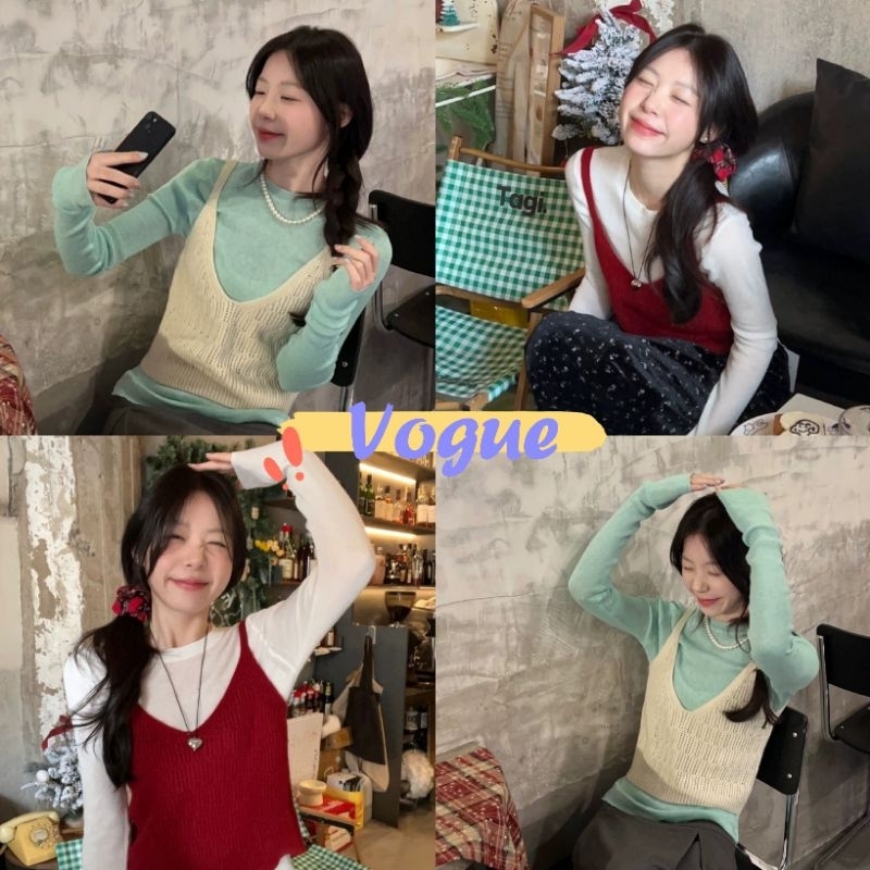 Vogue พร้อมส่ง เสื้อสายเดี่ยวถักไหมพรม ทรงหลวมๆ สไตล์โคเรีย (BK01-359)