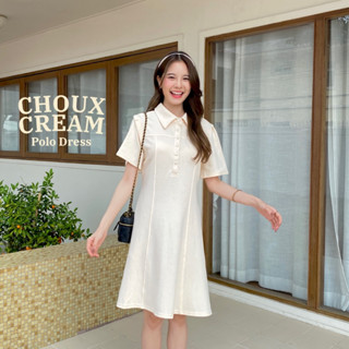 chuuchop_พร้อมส่ง(C8197)🥨🍞🧀Choux Cream Polo Dress เดรสโปโลสีครีม