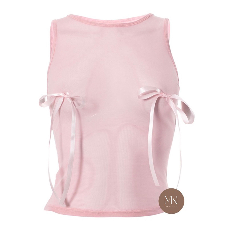เสื้อกล้ามซีทรู แขนกุด แต่งริบบิ้นโบว์สีชมพู