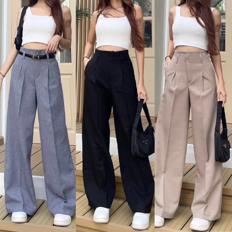[02]Laurashop [ใช้โค้ดลดเหลือ200.-] กางเกงเอวสูงรุ่นNew Classy งานผ้าสลาฟแบบมีลาย